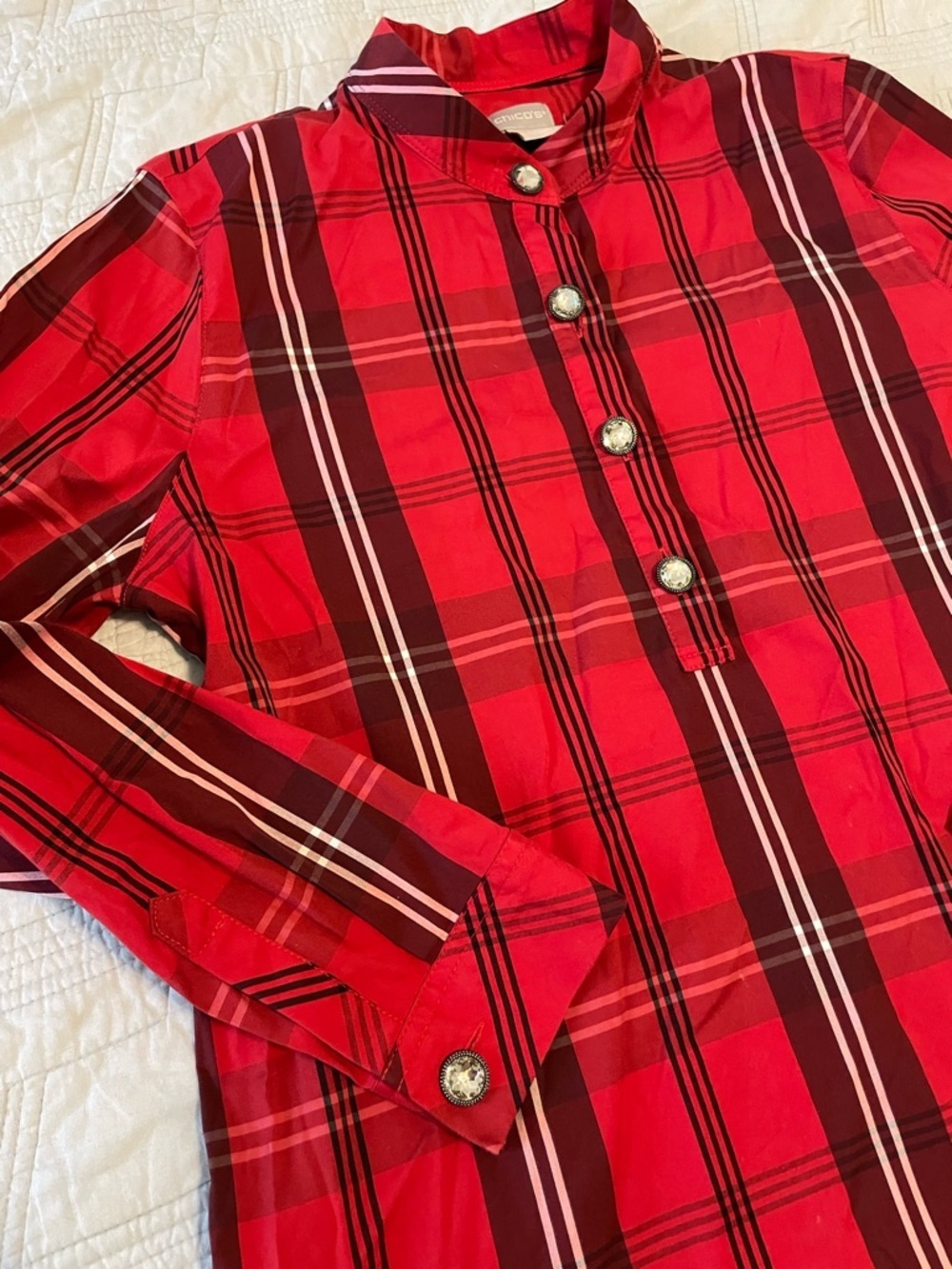 Chico's Rhinestone Plaid Button-Front Shirt with Jewel Accent